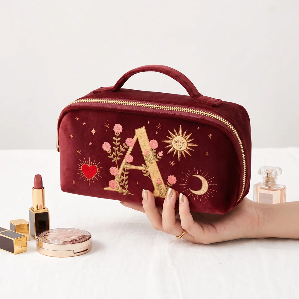 Women's Velvet Luxury Makeup Bag with Imitation Embroidery Design Travel Makeup Organizer Pouch for Cosmetic Storage