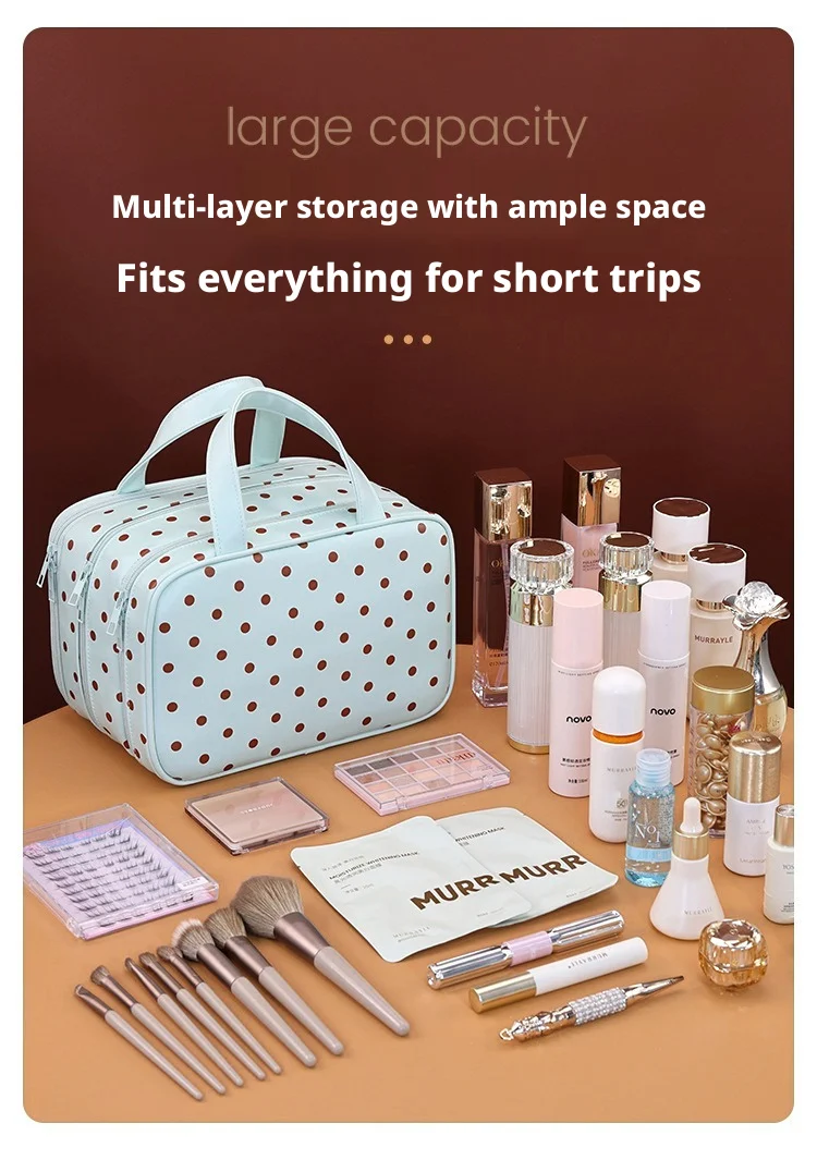 Polka Dot Handheld Makeup Bag Multifunctional Three Layer Partition Pu Cosmetic Bag Large Capacity Waterproof Travel Storage Bag