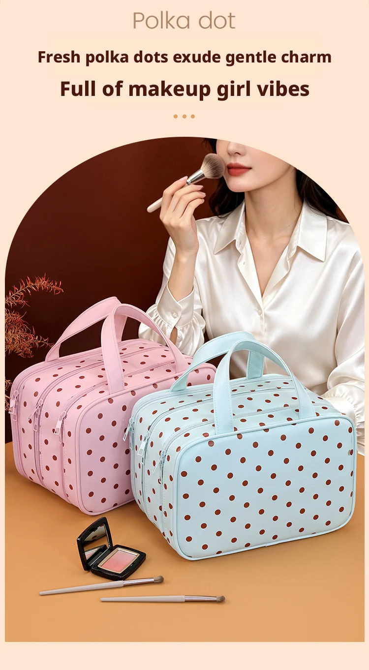 Polka Dot Handheld Makeup Bag Multifunctional Three Layer Partition Pu Cosmetic Bag Large Capacity Waterproof Travel Storage Bag