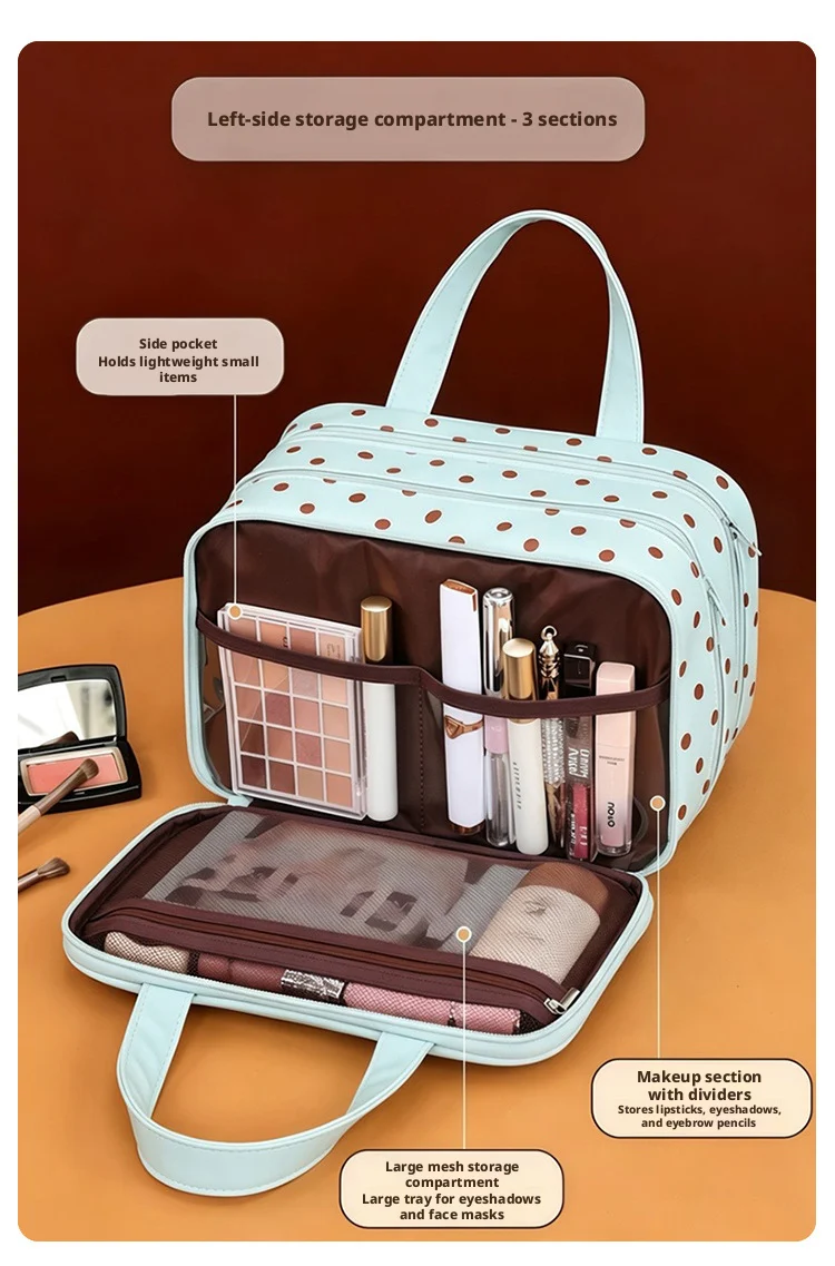 Polka Dot Handheld Makeup Bag Multifunctional Three Layer Partition Pu Cosmetic Bag Large Capacity Waterproof Travel Storage Bag