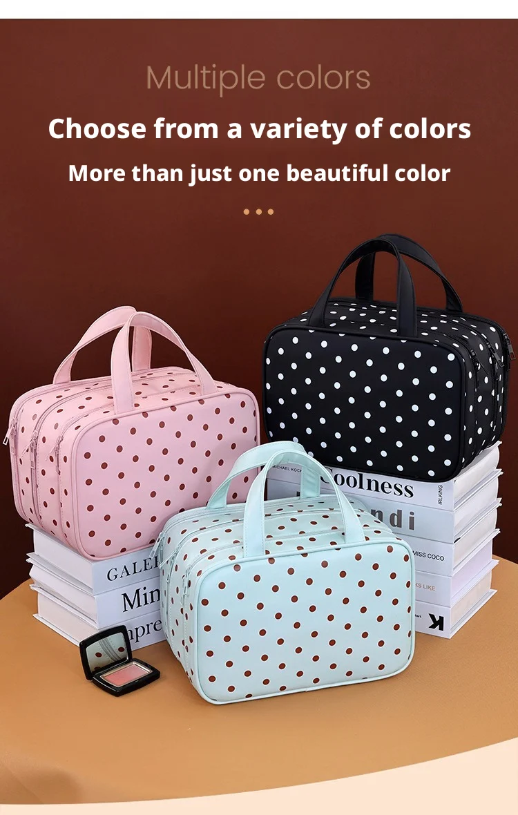 Polka Dot Handheld Makeup Bag Multifunctional Three Layer Partition Pu Cosmetic Bag Large Capacity Waterproof Travel Storage Bag