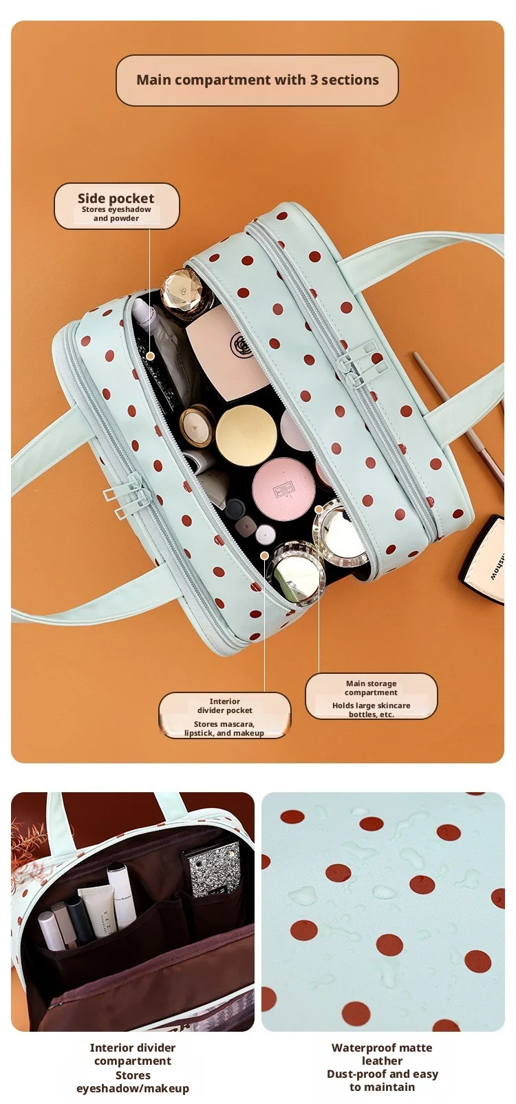 Polka Dot Handheld Makeup Bag Multifunctional Three Layer Partition Pu Cosmetic Bag Large Capacity Waterproof Travel Storage Bag