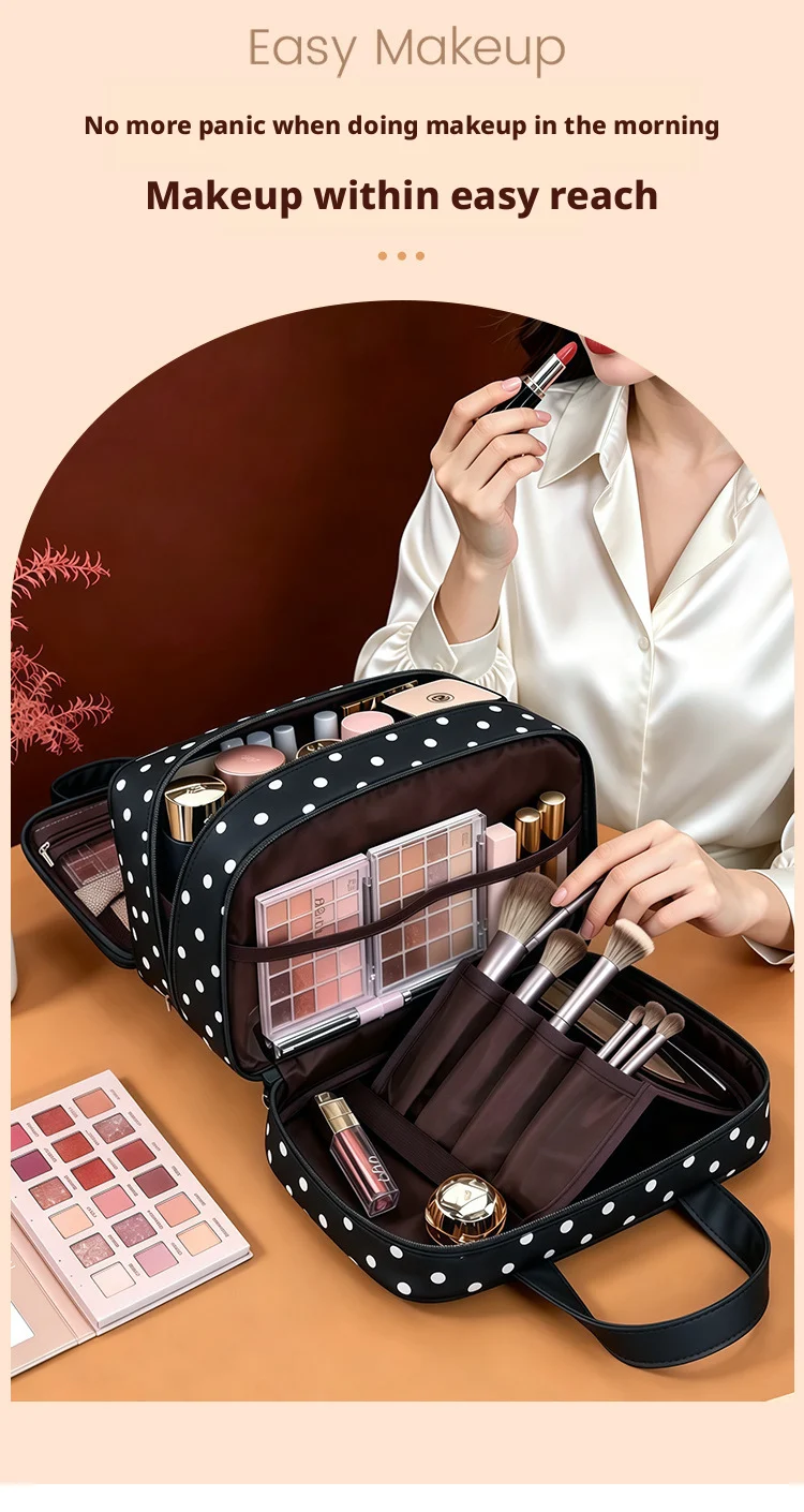 Polka Dot Handheld Makeup Bag Multifunctional Three Layer Partition Pu Cosmetic Bag Large Capacity Waterproof Travel Storage Bag