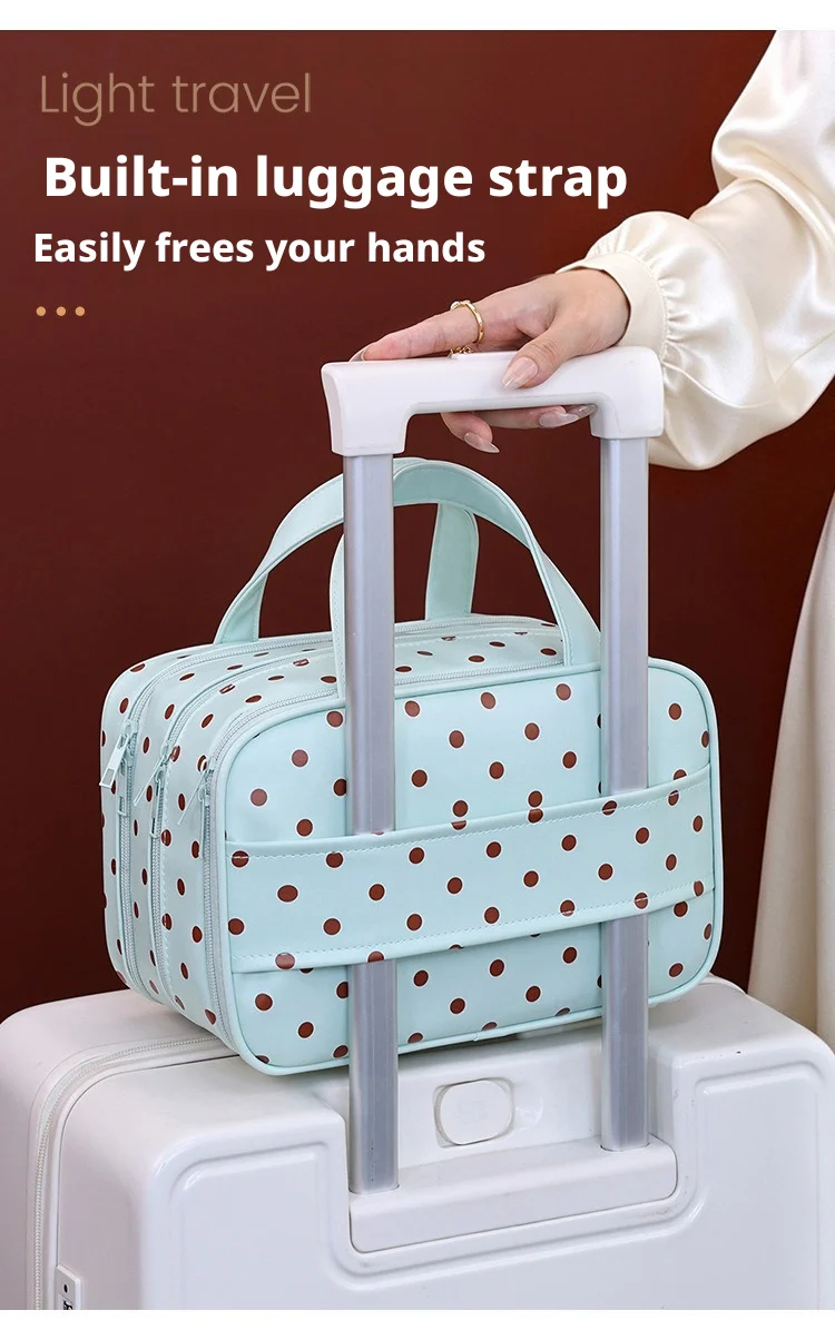Polka Dot Handheld Makeup Bag Multifunctional Three Layer Partition Pu Cosmetic Bag Large Capacity Waterproof Travel Storage Bag