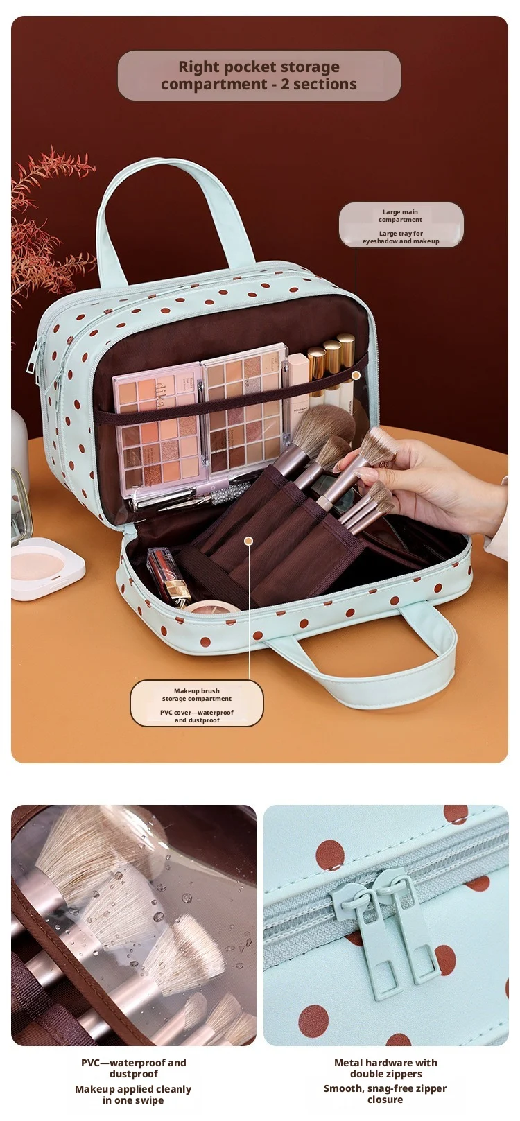 Polka Dot Handheld Makeup Bag Multifunctional Three Layer Partition Pu Cosmetic Bag Large Capacity Waterproof Travel Storage Bag