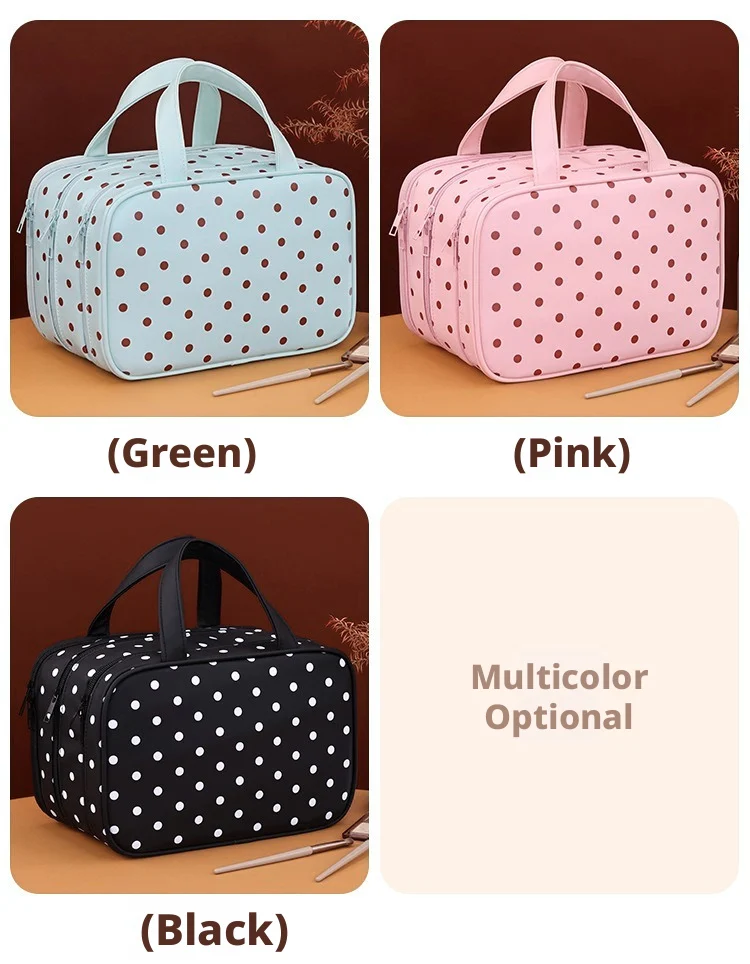 Polka Dot Handheld Makeup Bag Multifunctional Three Layer Partition Pu Cosmetic Bag Large Capacity Waterproof Travel Storage Bag