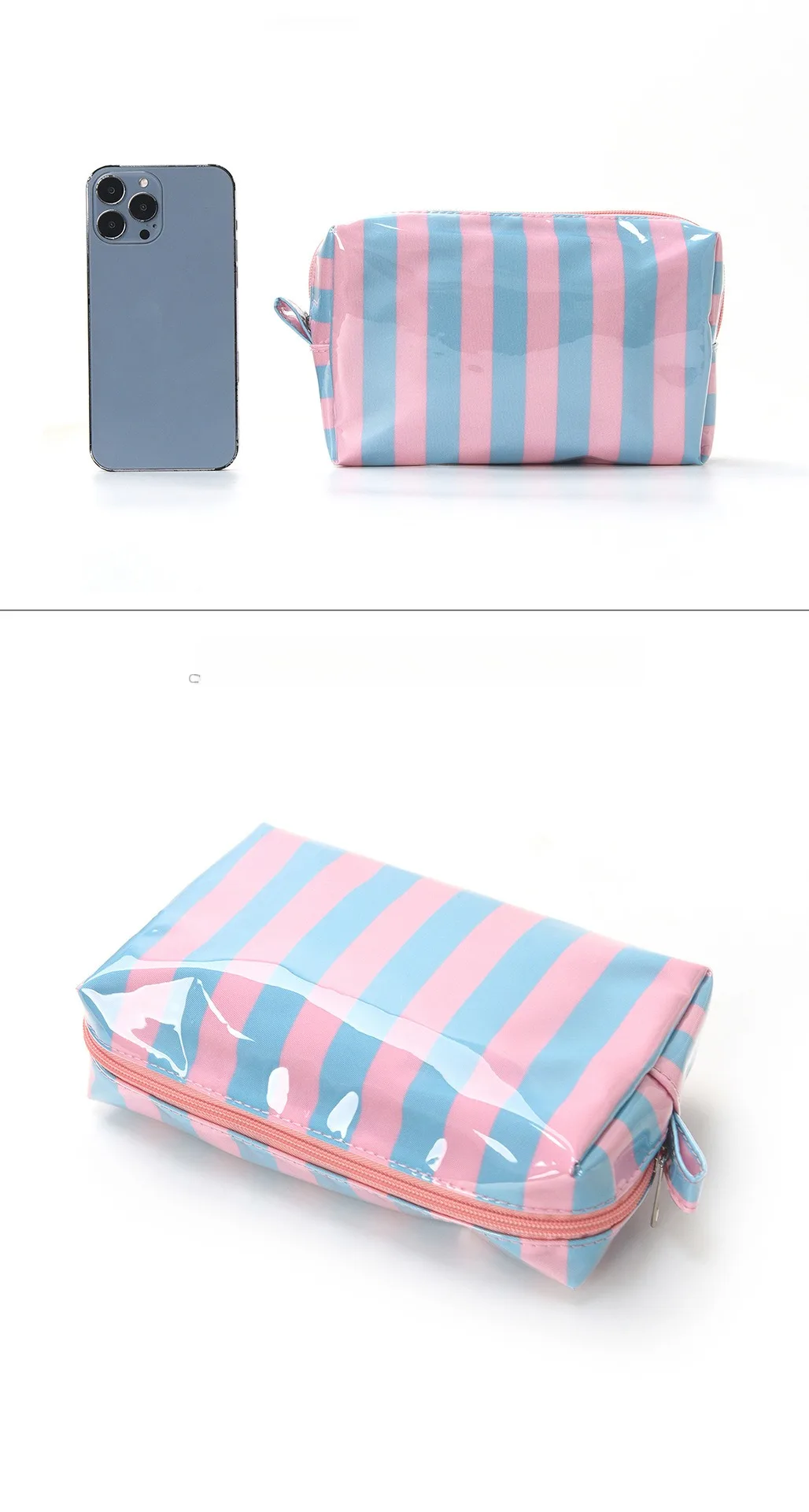 Large-capacity color-blocked makeup bag, striped storage bag, high-appearance travel portable cosmetic storage bag