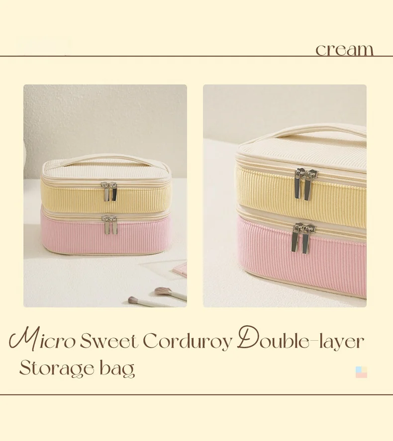 New Flannel Double-Layer Makeup Bag Travel Portable Large Capacity Storage Bag PU Multi-Functional Cosmetic Organizer