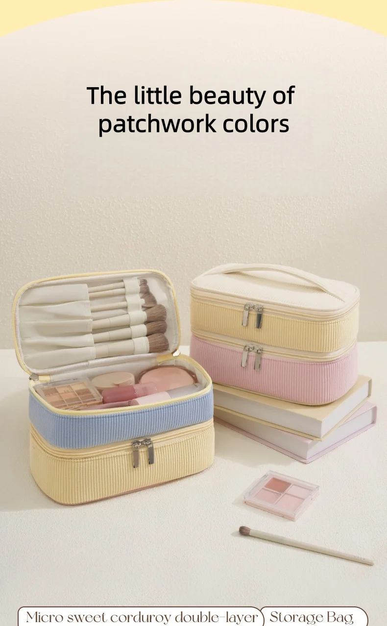 New Flannel Double-Layer Makeup Bag Travel Portable Large Capacity Storage Bag PU Multi-Functional Cosmetic Organizer