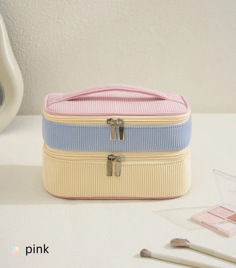 New Flannel Double-Layer Makeup Bag Travel Portable Large Capacity Storage Bag PU Multi-Functional Cosmetic Organizer