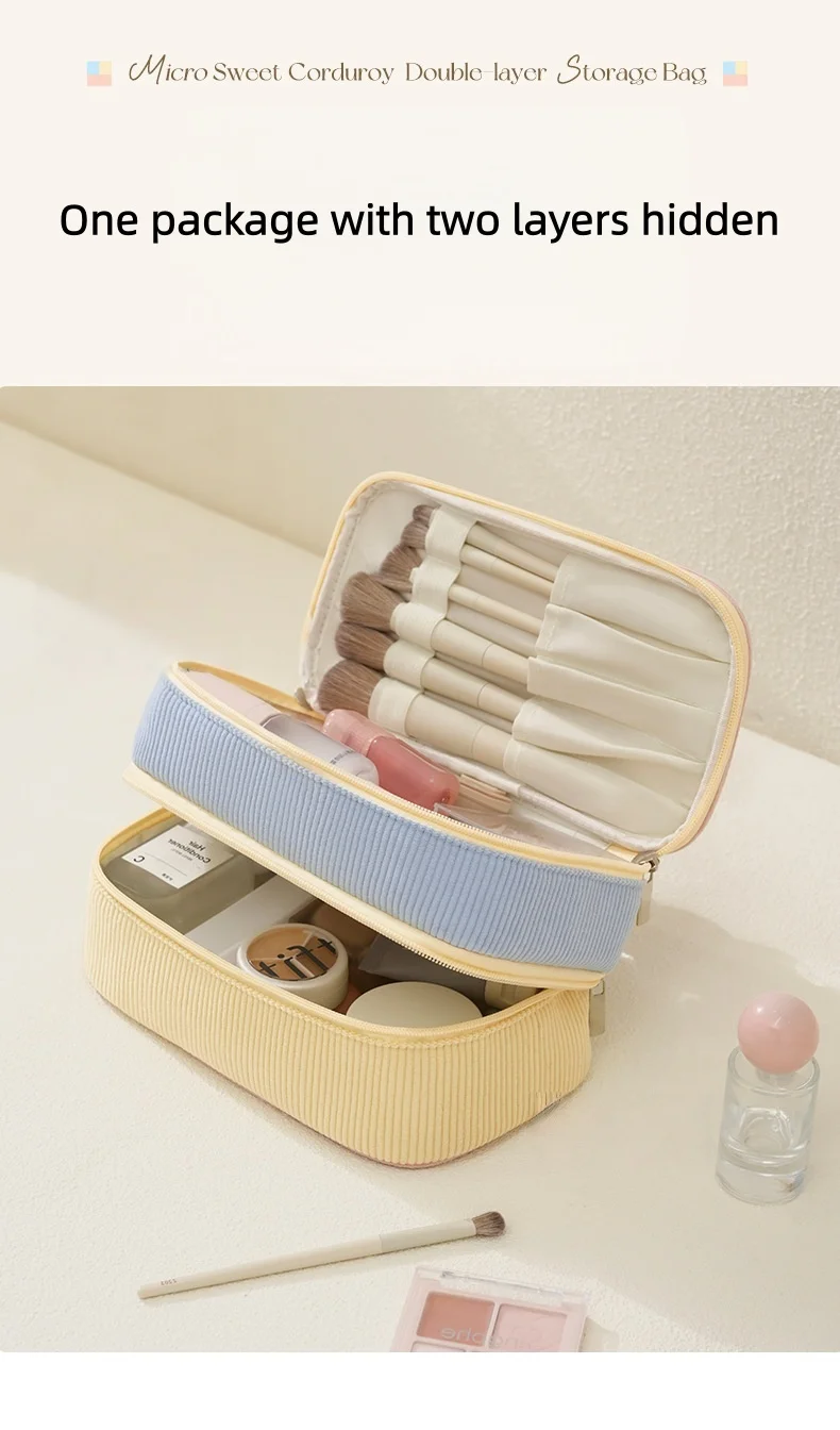 New Flannel Double-Layer Makeup Bag Travel Portable Large Capacity Storage Bag PU Multi-Functional Cosmetic Organizer
