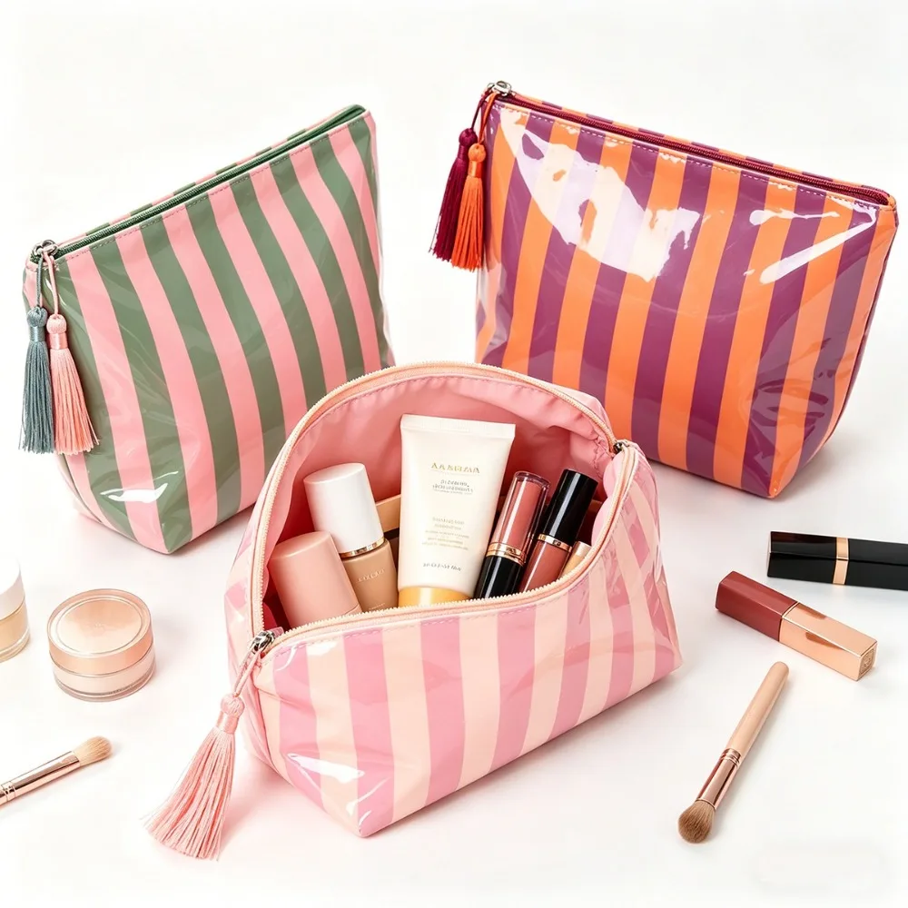 Glossy Striped Cosmetic Organizer Large Capacity Cosmetic Wash Storage Bags Portable Travel Toiletry Pouch Outdoor Travel Bags Glossy Striped Cosmetic Organizer Large Capacity Cosmetic Wash Storage Bags Portable Travel Toiletry Pouch Outdoor Travel Bags