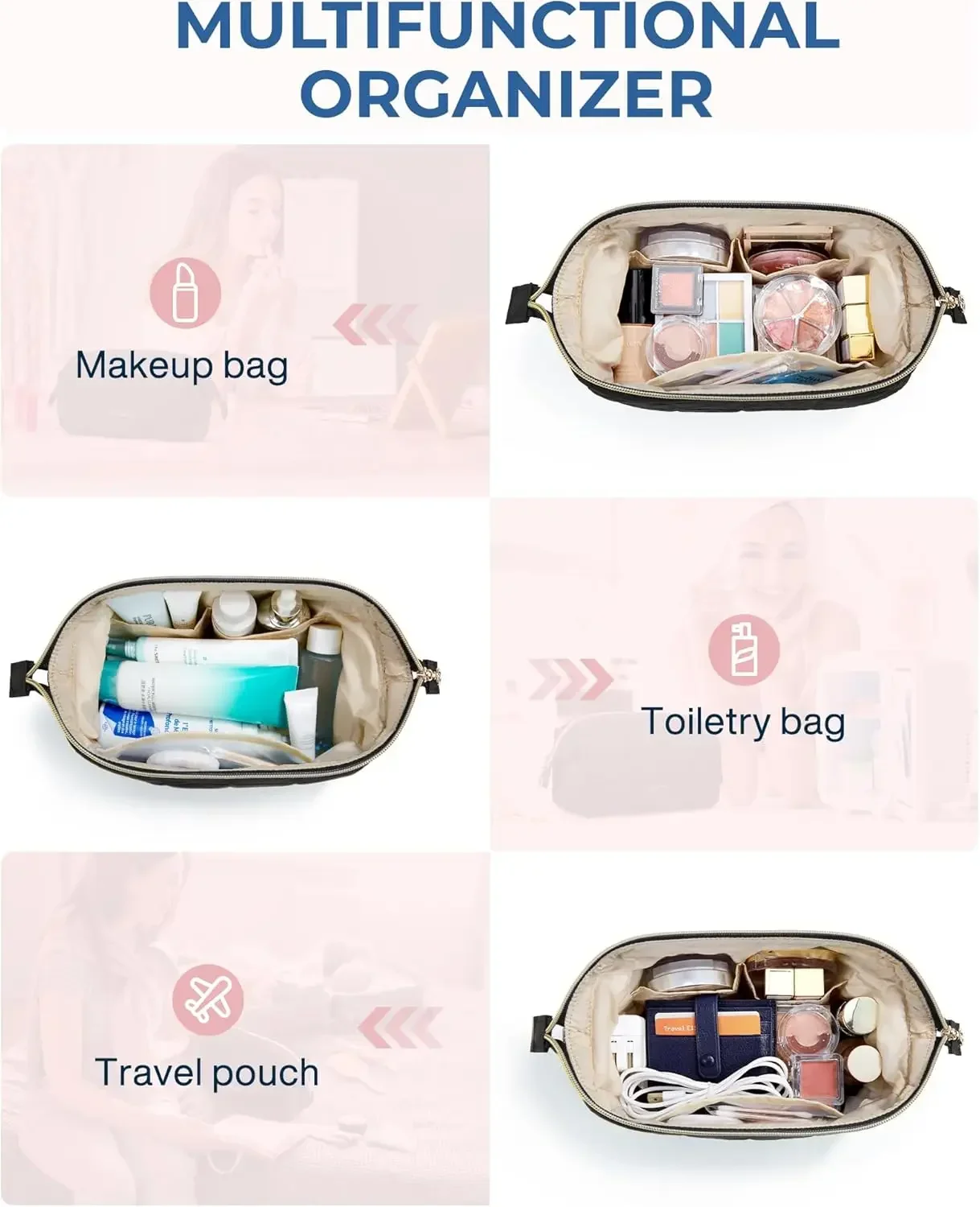 Makeup Bag Travel Toiletry Bag Puffy Padded Make Up Bags Wide Open Pouch Purse Travel Essentials Toiletries Accessories Brushes