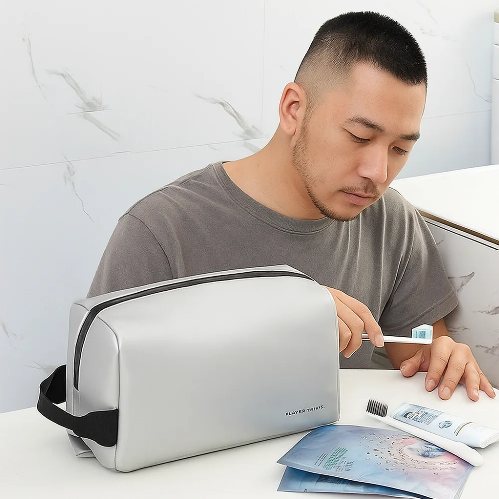 Waterproof Man Cosmetic Bag Handheld Lightweight PU Toiletry Bag Dry and Wet Separation Large Capacity Makeup Bag Women Men