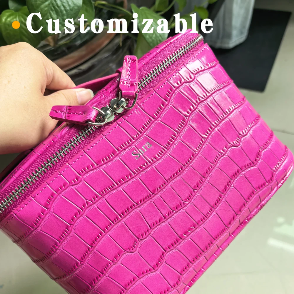 New Rose Red Genuine Crocodile Texture Leather Cosmetic Bag Large Capacity Travel Portable Handheld Organizer Makeup Bag Pouch