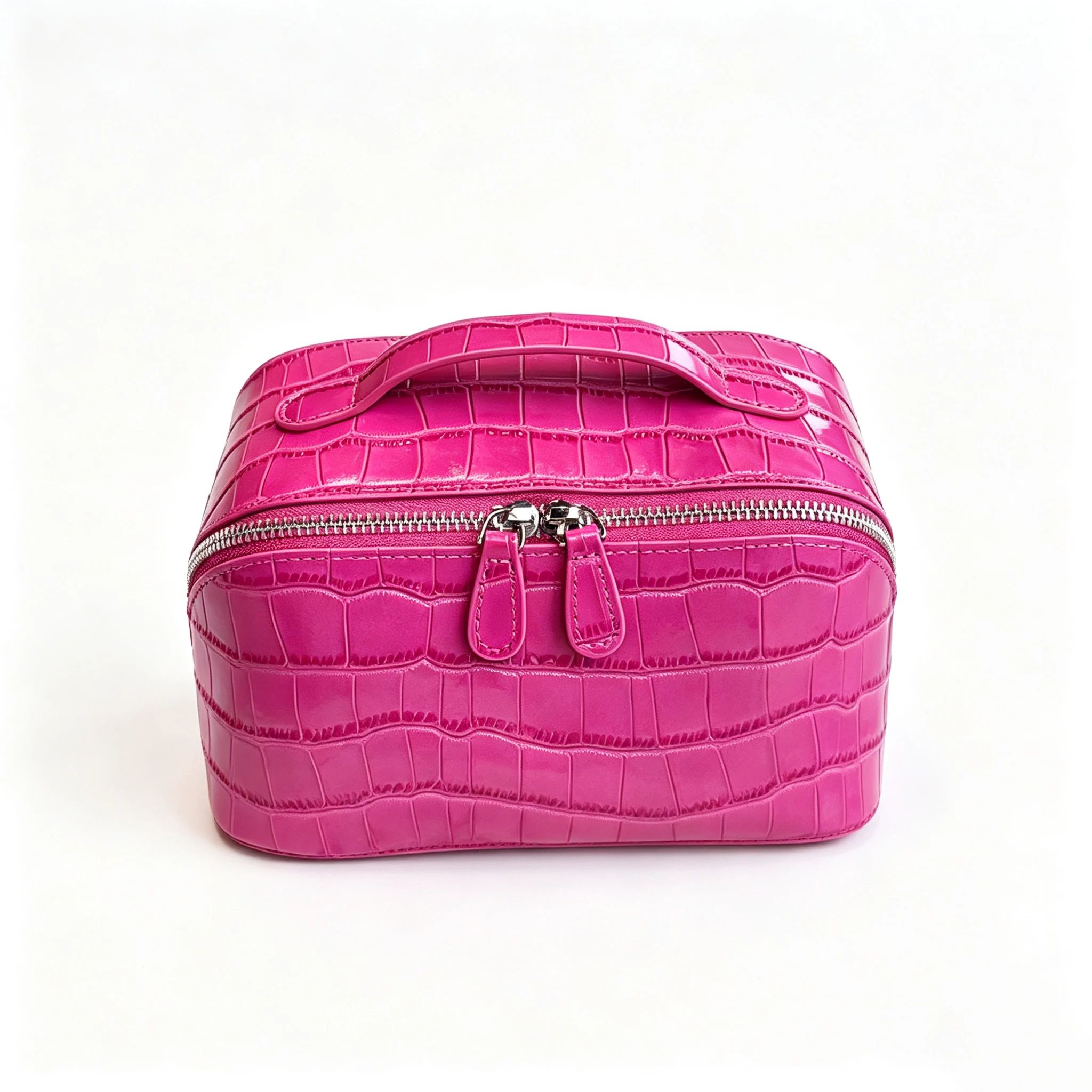 New Rose Red Genuine Crocodile Texture Leather Cosmetic Bag Large Capacity Travel Portable Handheld Organizer Makeup Bag Pouch