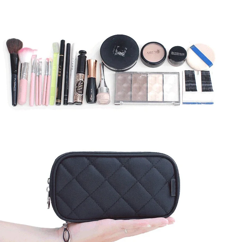 Women's Mirror Mini Cosmetic Bag Simple Waterproof Storage Box Black Double Layer Lingge Make Up Brush Beauty Organizer Supplies