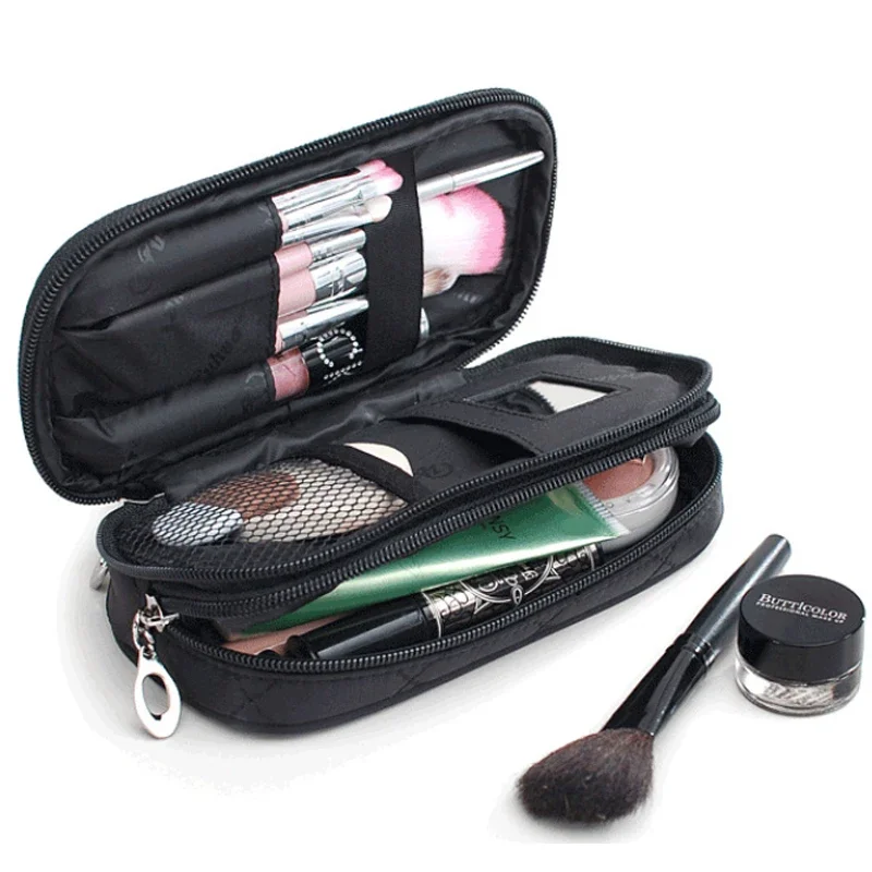 Women's Mirror Mini Cosmetic Bag Simple Waterproof Storage Box Black Double Layer Lingge Make Up Brush Beauty Organizer Supplies