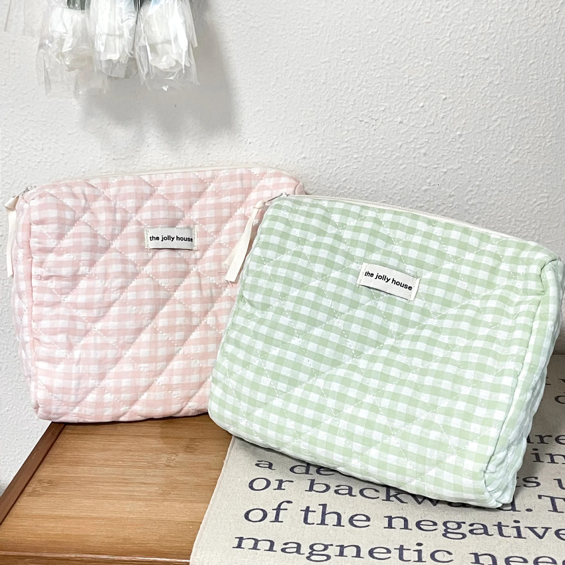 Pink Green Plaid Quilted Cotton Makeup Bag Large Capacity Korean Ins Cute Portable Cosmetic Storage Wash Bag