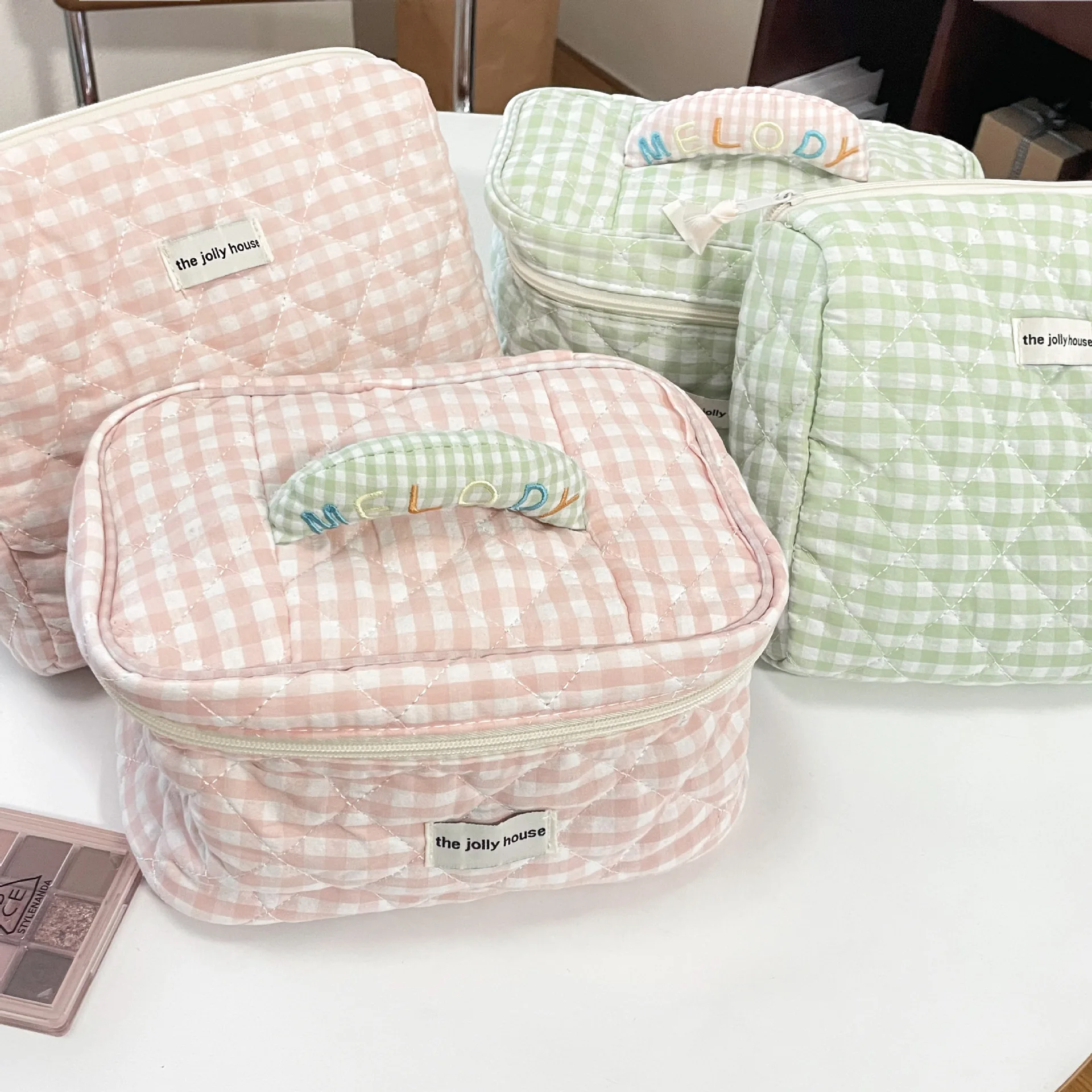 Pink Green Plaid Quilted Cotton Makeup Bag Large Capacity Korean Ins Cute Portable Cosmetic Storage Wash Bag