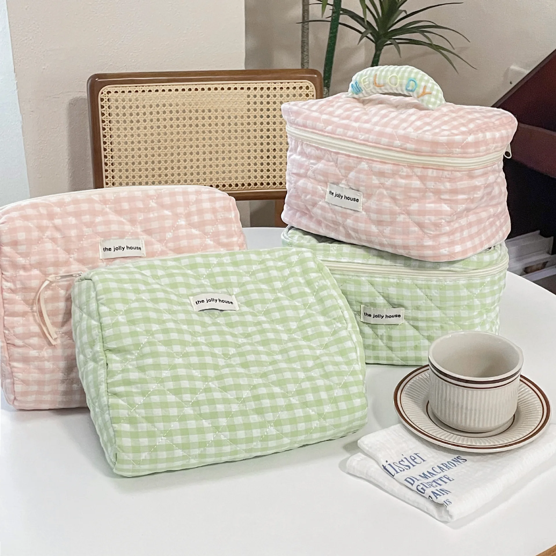 Pink Green Plaid Quilted Cotton Makeup Bag Large Capacity Korean Ins Cute Portable Cosmetic Storage Wash Bag