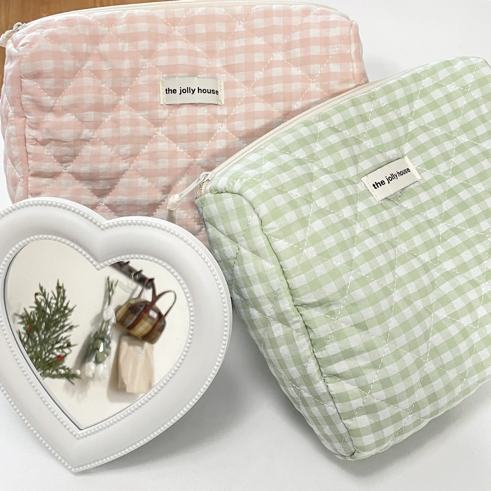 Pink Green Plaid Quilted Cotton Makeup Bag Large Capacity Korean Ins Cute Portable Cosmetic Storage Wash Bag