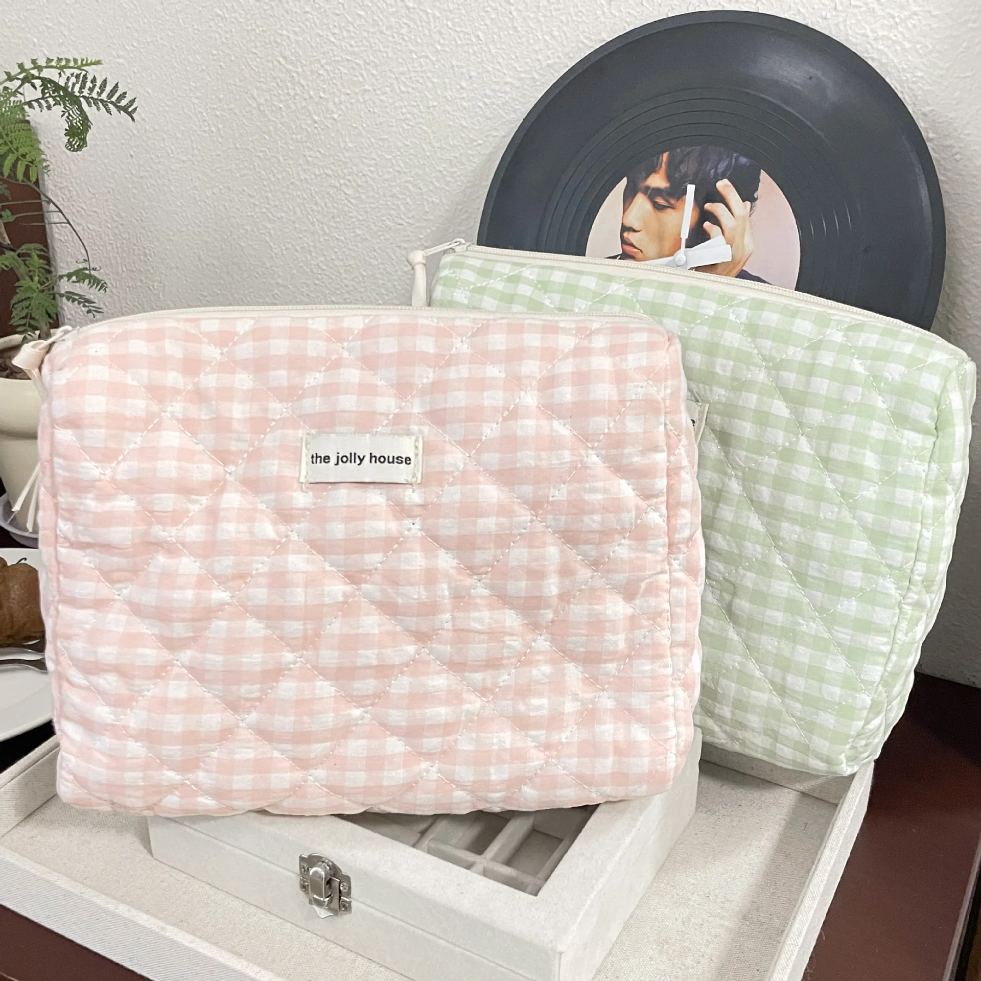 Pink Green Plaid Quilted Cotton Makeup Bag Large Capacity Korean Ins Cute Portable Cosmetic Storage Wash Bag