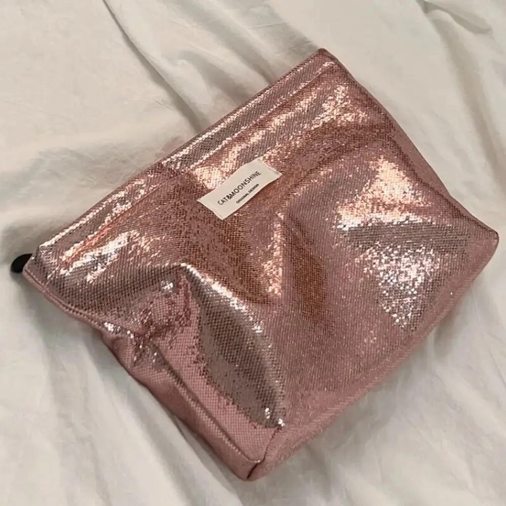 Portable Shiny Sequins Makeup Bag Silver Champagne Cosmetic Bag Solid Color Toiletries Skincare Storage Bag Women