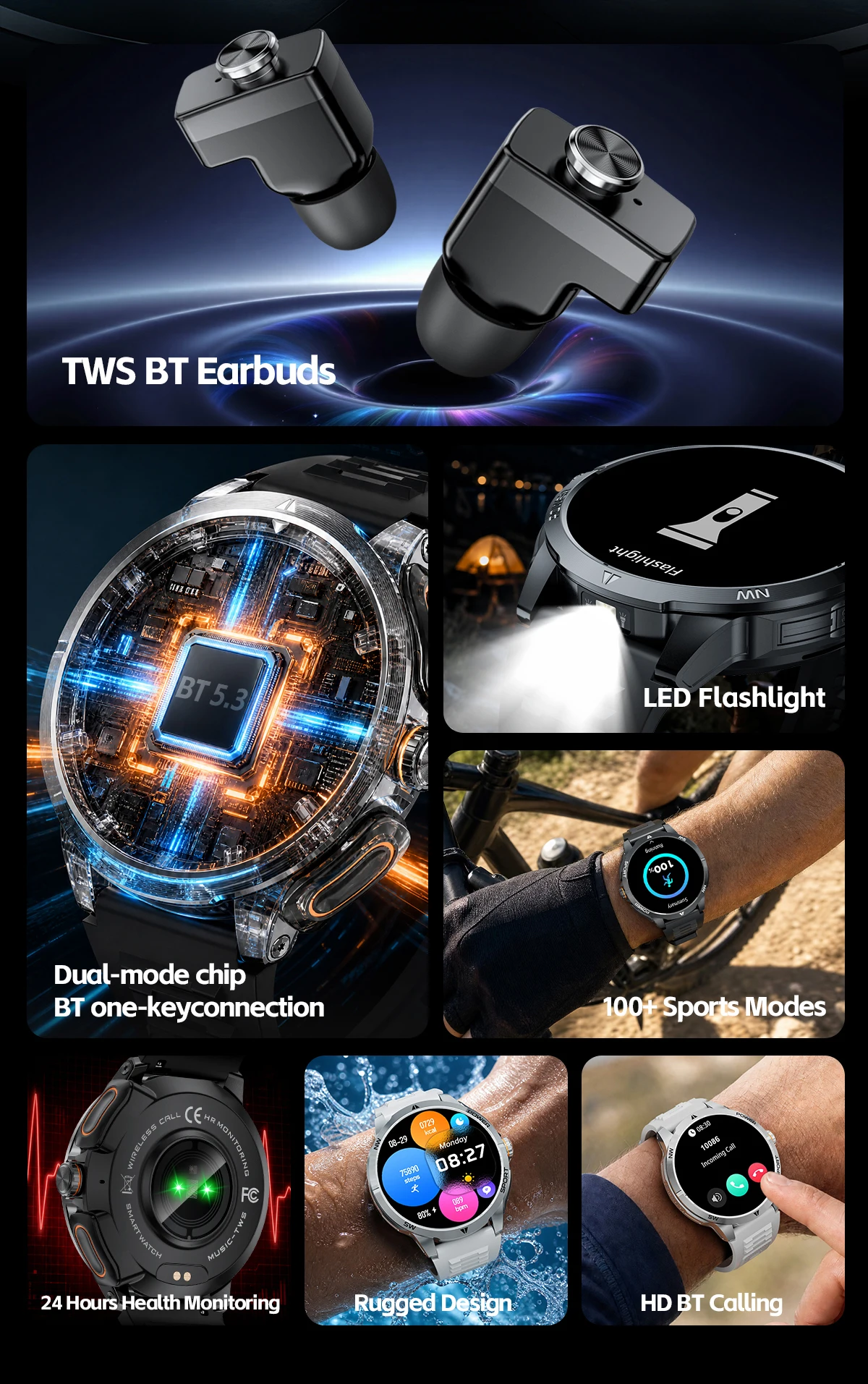 TWS 2-in-1 Smart Watch with Headphones Sports Play Music Bluetooth Headset Call Men Health Monitor NFC Women Smartwatch Earbuds