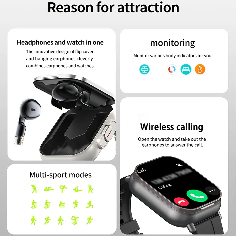 2-In-1 Smartwatch with Wireless Earbuds, Ultra HD Display, Sedentary Reminder, Wallpaper, Weather Updates - USB Charging, Multifunctional Wearable, Compatible with Iphone And Android, Perfect Holiday Gift for Men/Women/Friends/Lovers/Parents
