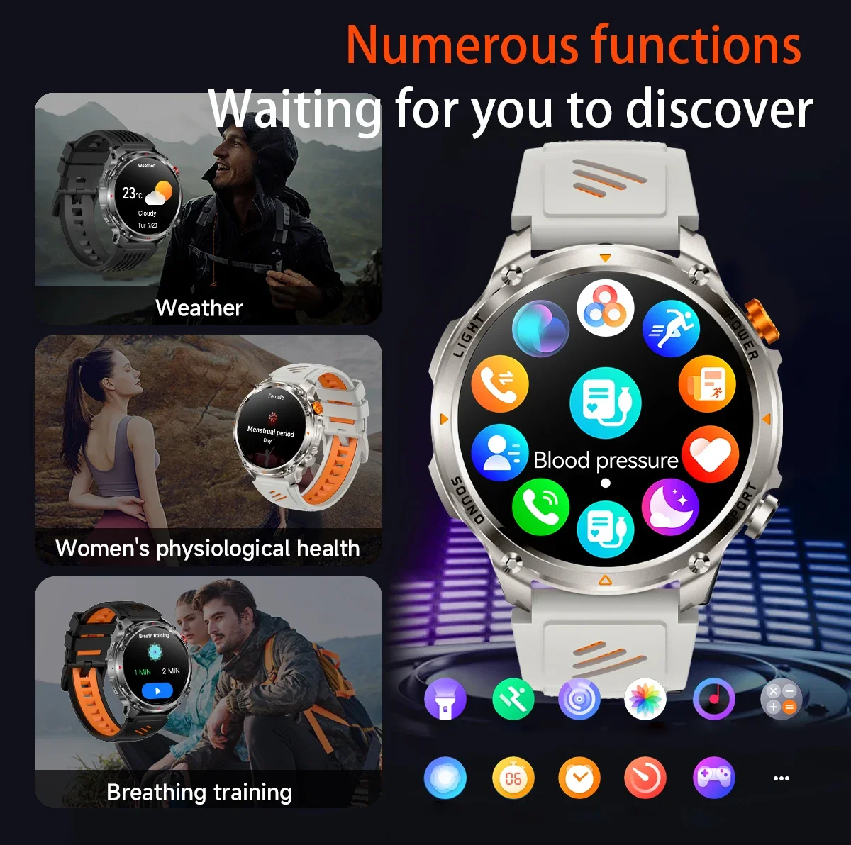 2026New Outdoor Military Men T-RX Smart Watch 1100mAh Large Battery Compass IP68 Waterproof Flashlight Sports BT Call Smartwatch