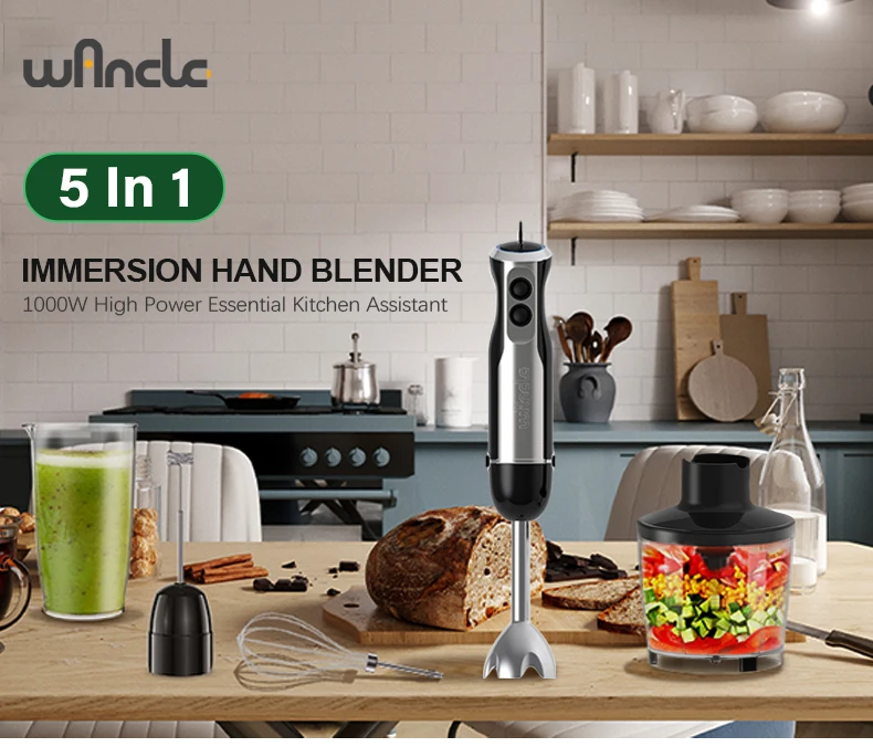 Wancle Electric Immersion Hand Blender Mixer 1000W 5 in 1 Powerful Kitchen Blender for Egg Whisk Meat Grinder Food Processor