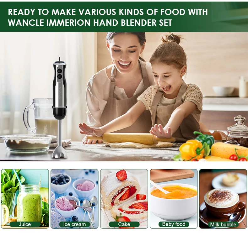 Wancle Electric Immersion Hand Blender Mixer 1000W 5 in 1 Powerful Kitchen Blender for Egg Whisk Meat Grinder Food Processor