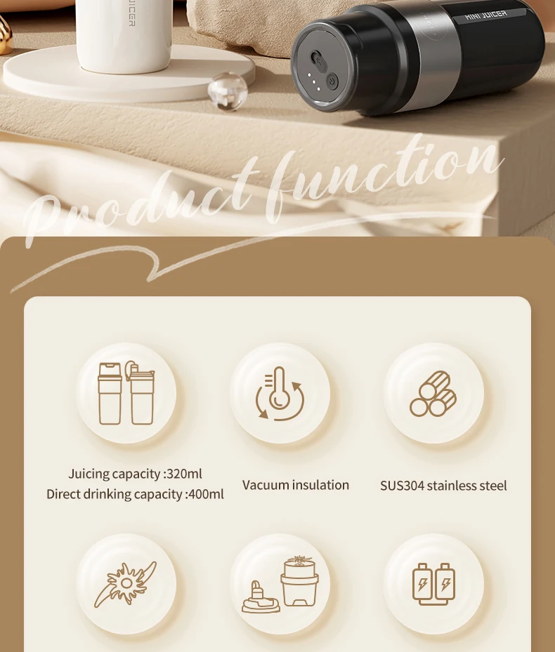 Insulated Juicer Double Layer Vacuum 304 Stainless Steel Juicers 350ml USB Charge Portable 26 Blades Strong Power Freesh Juicer