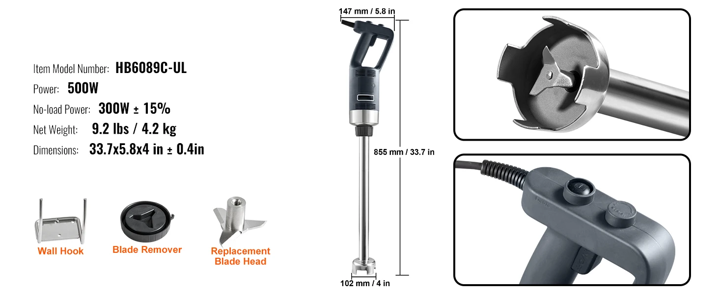 SucceBuy Commercial Immersion Blender 500 Watt Heavy Duty Hand Mixer Variable Speed Kitchen Stick Mixer with 304 Stainless Steel