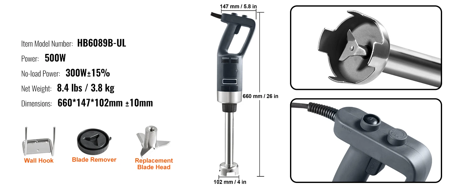 SucceBuy Commercial Immersion Blender 500 Watt Heavy Duty Hand Mixer Variable Speed Kitchen Stick Mixer with 304 Stainless Steel