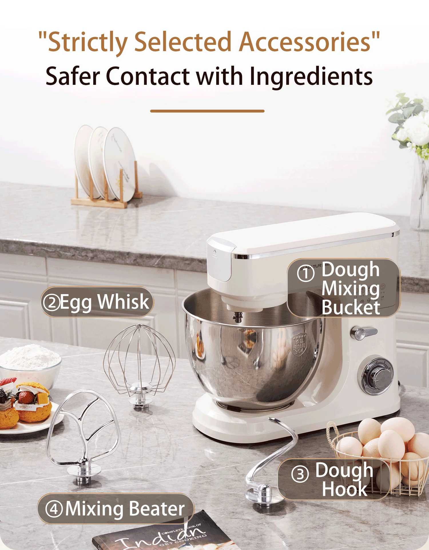 SUNATUR 8L Stand Mixer 2000W,Stainless Steel Bowl,6-Speed Dough Kneader&Egg Beater,Timed Fermentatio