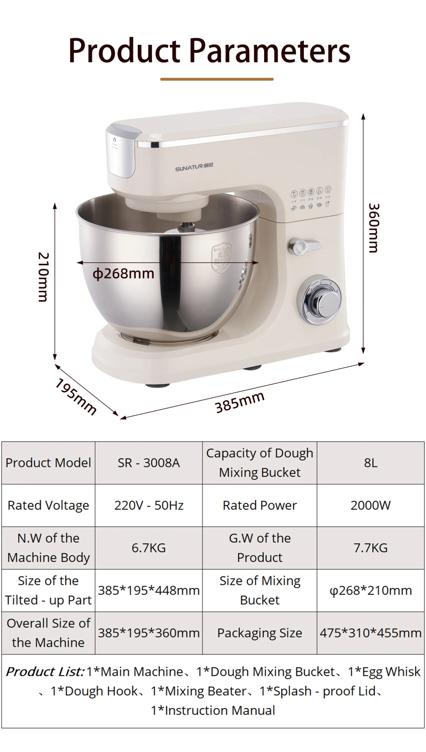 SUNATUR 8L Stand Mixer 2000W,Stainless Steel Bowl,6-Speed Dough Kneader&Egg Beater,Timed Fermentatio