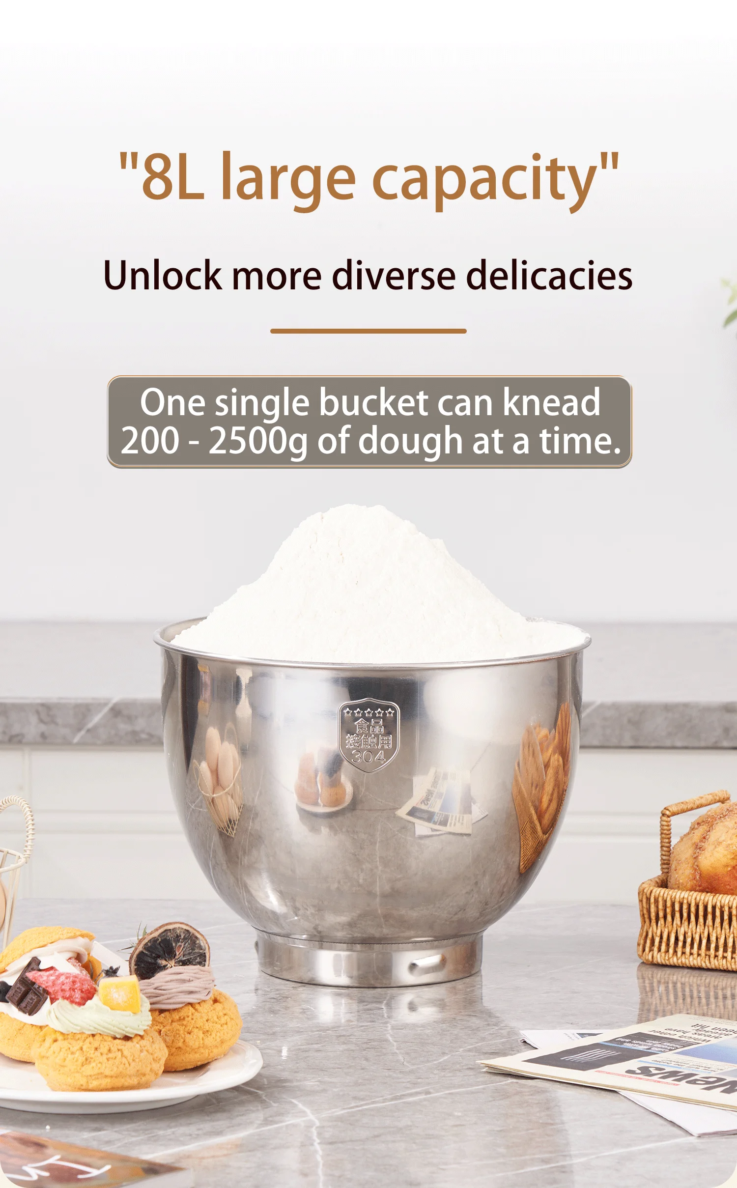 SUNATUR 8L Stand Mixer 2000W,Stainless Steel Bowl,6-Speed Dough Kneader&Egg Beater,Timed Fermentatio