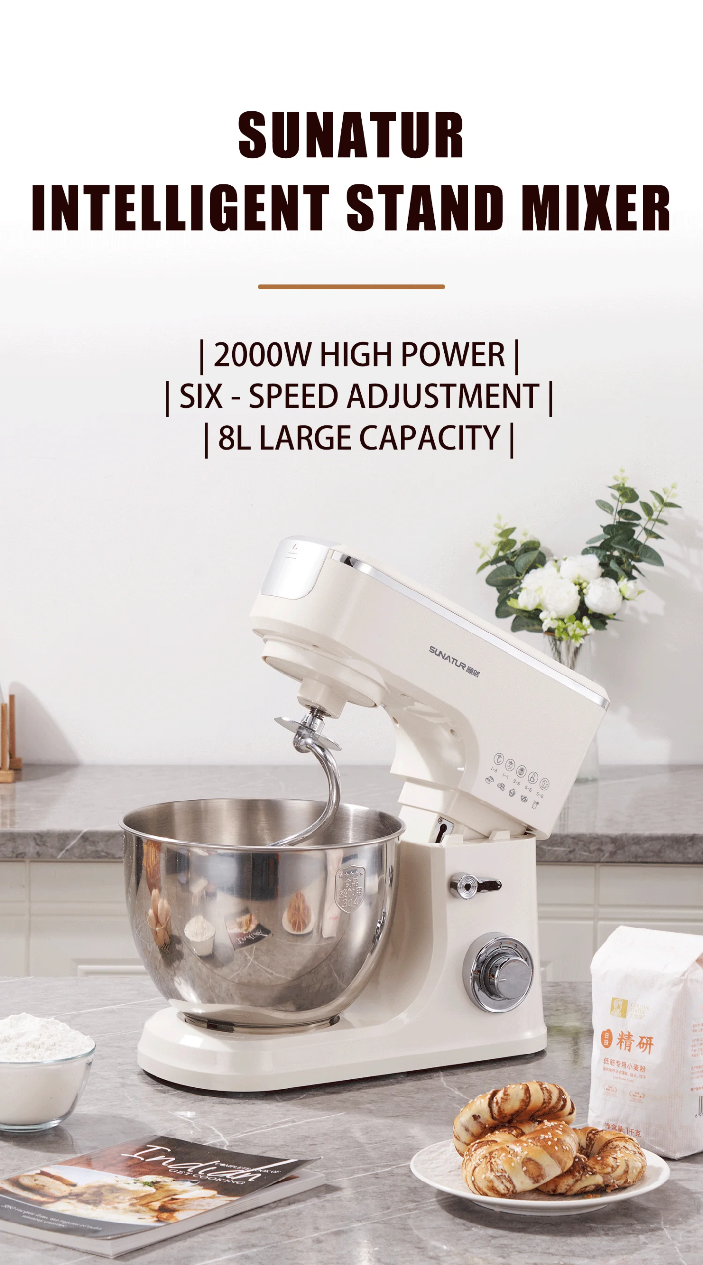 SUNATUR 8L Stand Mixer 2000W,Stainless Steel Bowl,6-Speed Dough Kneader&Egg Beater,Timed Fermentatio