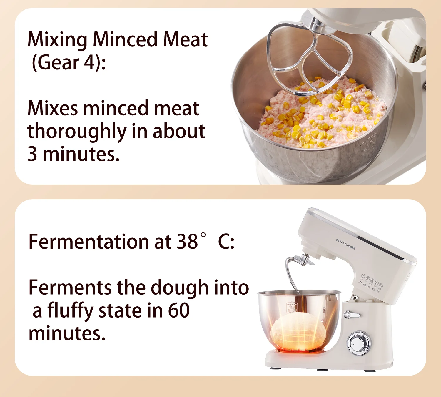 SUNATUR 8L Stand Mixer 2000W,Stainless Steel Bowl,6-Speed Dough Kneader&Egg Beater,Timed Fermentatio
