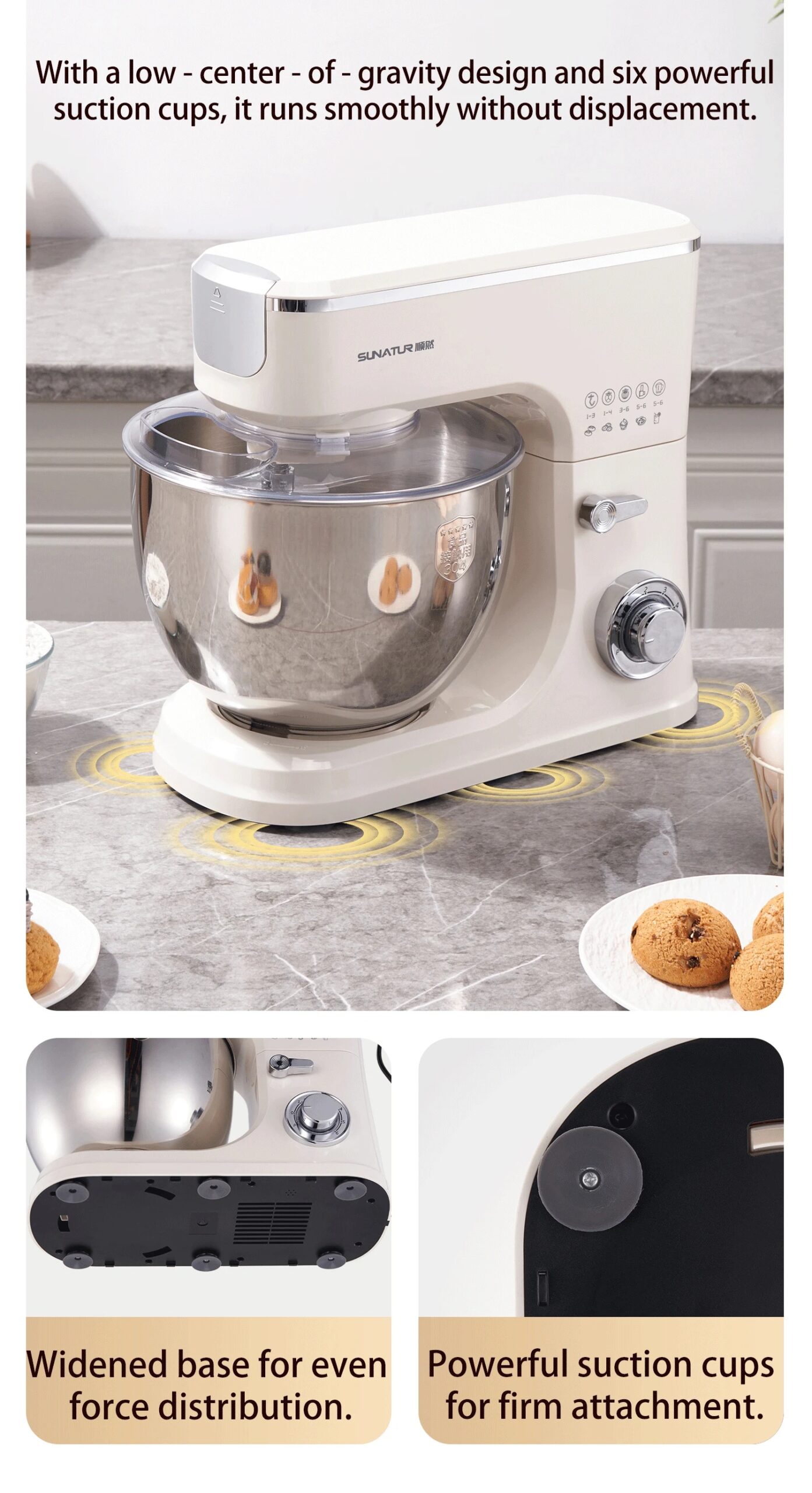 SUNATUR 8L Stand Mixer 2000W,Stainless Steel Bowl,6-Speed Dough Kneader&Egg Beater,Timed Fermentatio