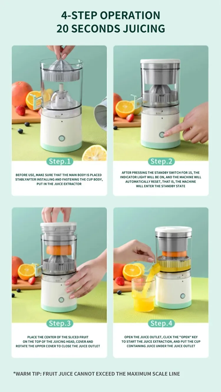 Portable Electric Juicer USB Rechargeable Wireless Mini Fruit Blender Automatic Juice Squeezer for Home Travel Office