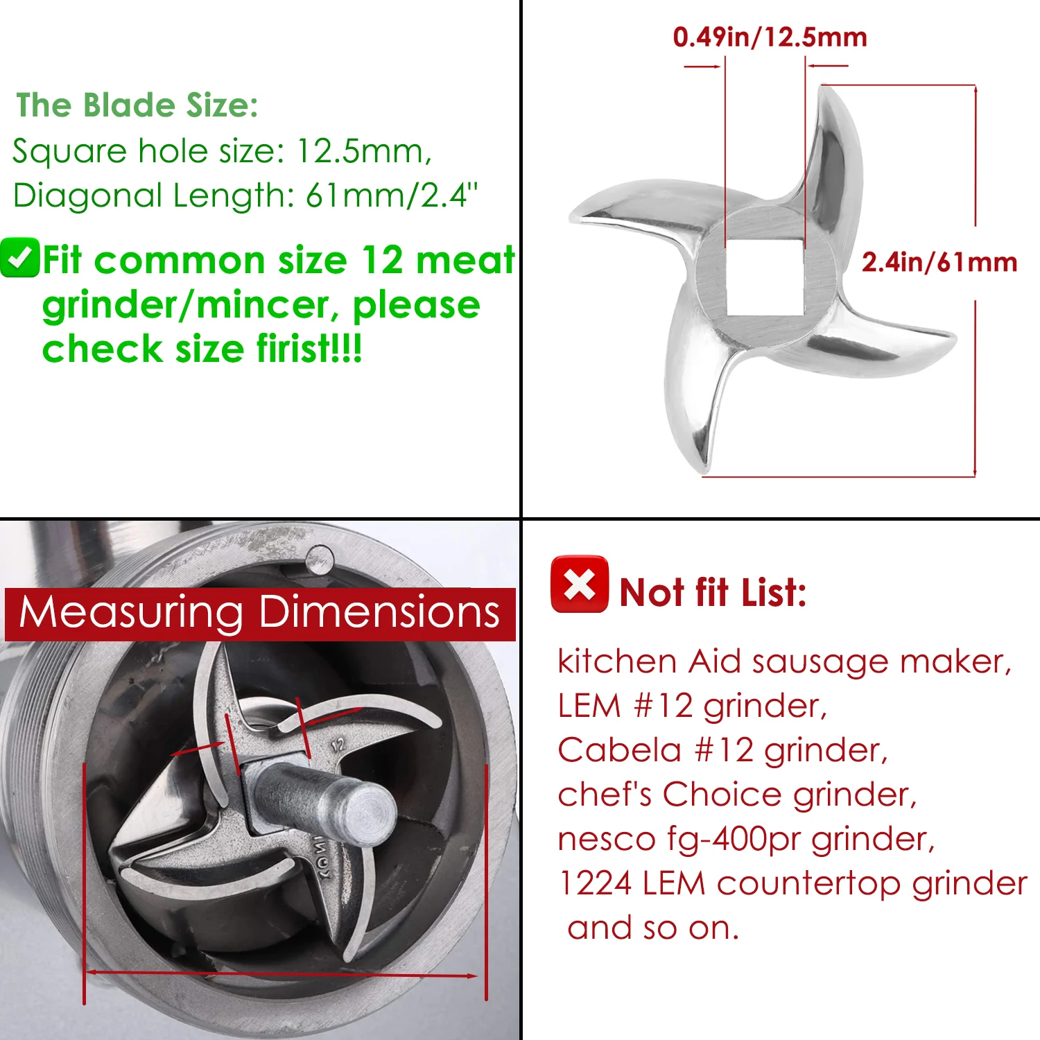 Meat Grinder Plates Type 12, #12 Stainless Steel Grinder Plate Disc, Blade, Sausage Stuffing Tubes, Replacement of Accessories