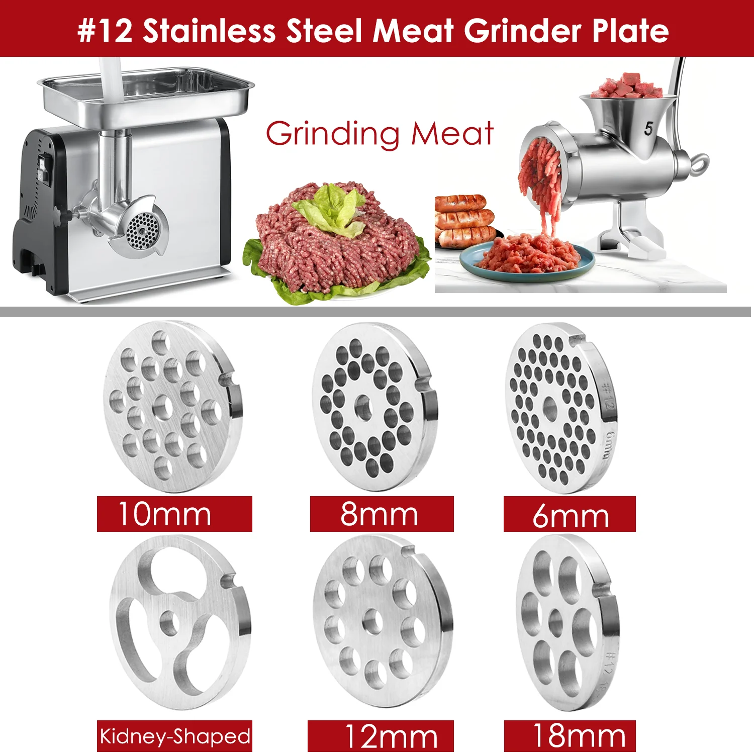 Meat Grinder Plates Type 12, #12 Stainless Steel Grinder Plate Disc, Blade, Sausage Stuffing Tubes, Replacement of Accessories