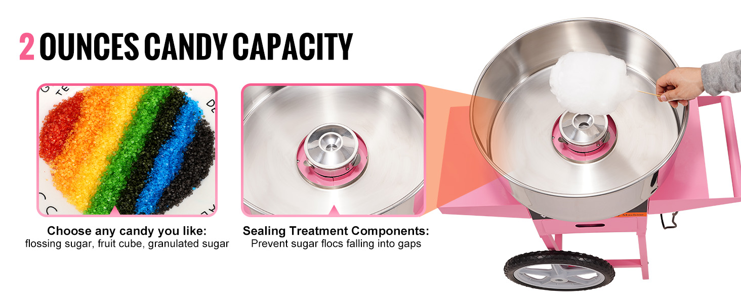 SucceBuy Electric Cotton Candy Machine with Cart 1000W Commercial Floss Maker with Stainless Steel Bowl Sugar Scoop and Drawer