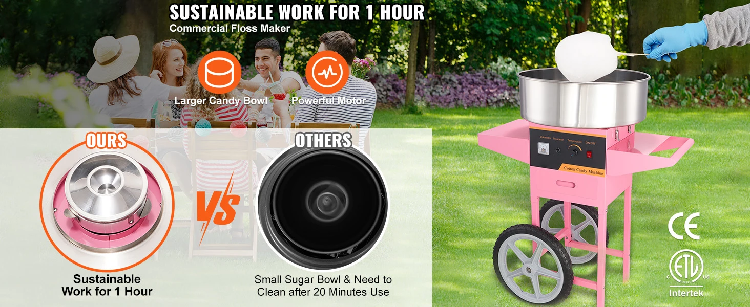 SucceBuy Electric Cotton Candy Machine with Cart 1000W Commercial Floss Maker with Stainless Steel Bowl Sugar Scoop and Drawer