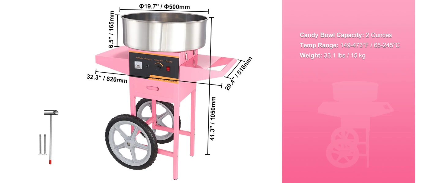 SucceBuy Electric Cotton Candy Machine with Cart 1000W Commercial Floss Maker with Stainless Steel Bowl Sugar Scoop and Drawer