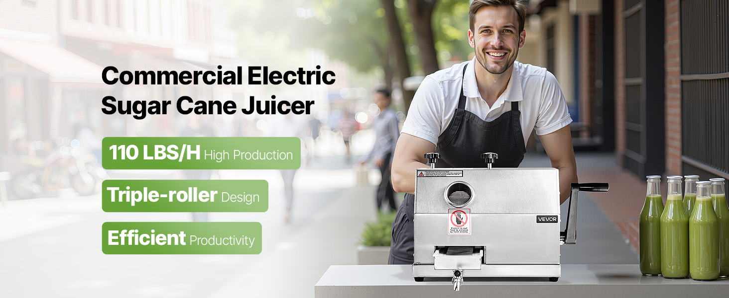 SucceBuy Commercial Sugar Cane Juicer 110LBS/H High Output Sugarcane Juicer Machine w/3 Stainless Steel Rollers 2.4