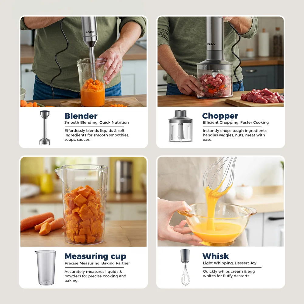Hand Immersion Blender Powerful 4-in-1,Stainless Steel Stick Food Mixer,700ml Mixing Beaker,500ml Processor,Whisk,220-240V